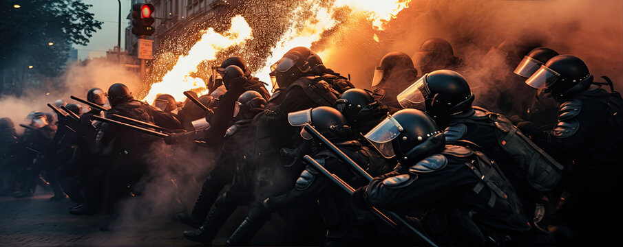 Riot police in black tactical gear with shields and batons brace against flames and smoke on a city street at dusk.